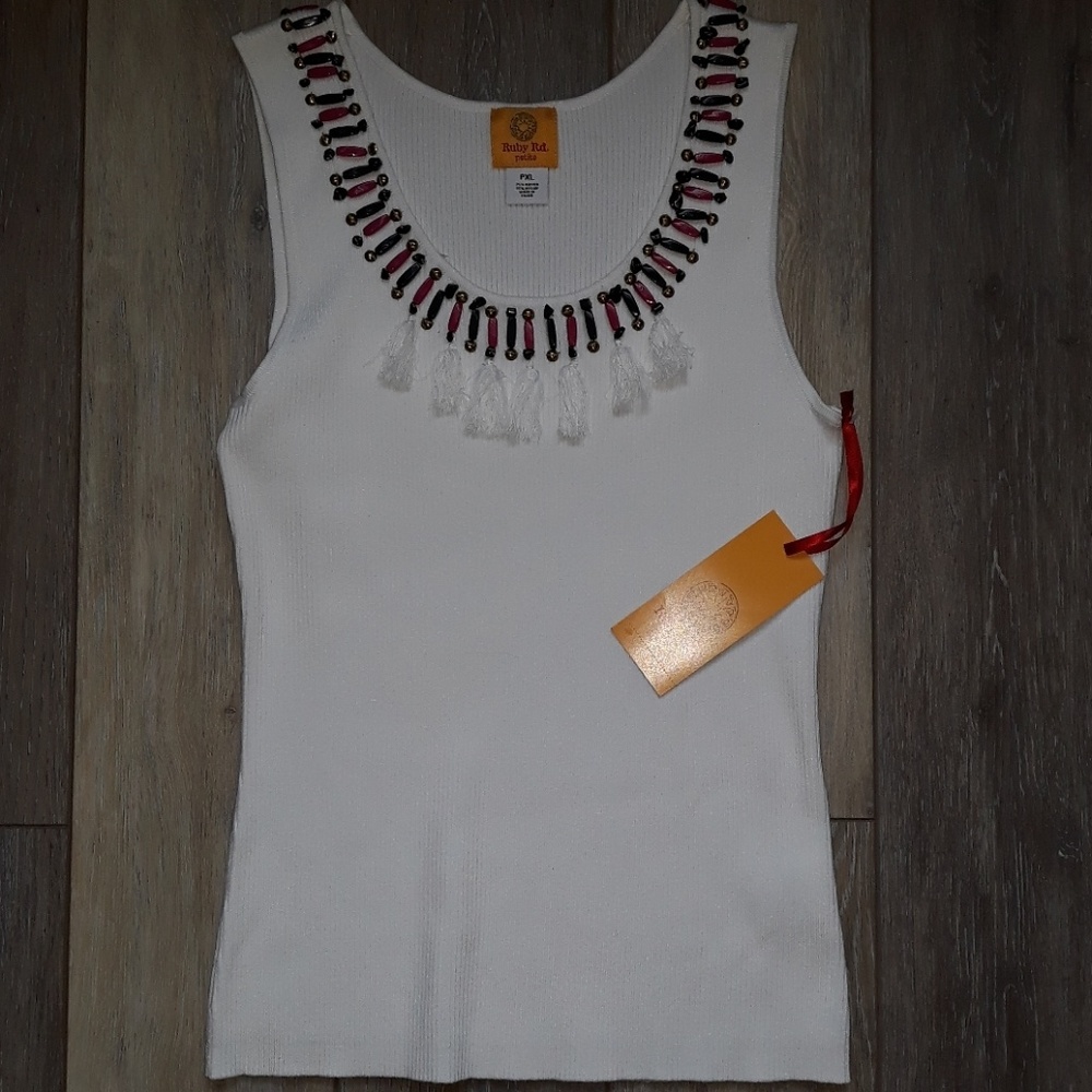 Ruby Rd tank top with beaded fringe collar NWT